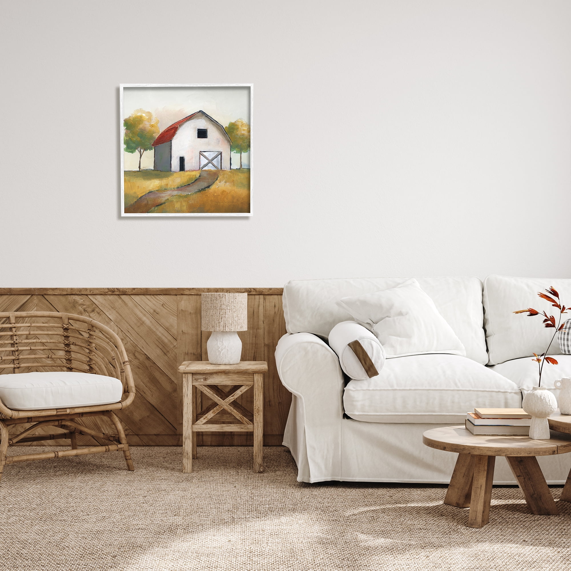Stupell Indtries White Barn Building Between Orchard Trees Autumn Landscape,24 x 24,Design by Nan