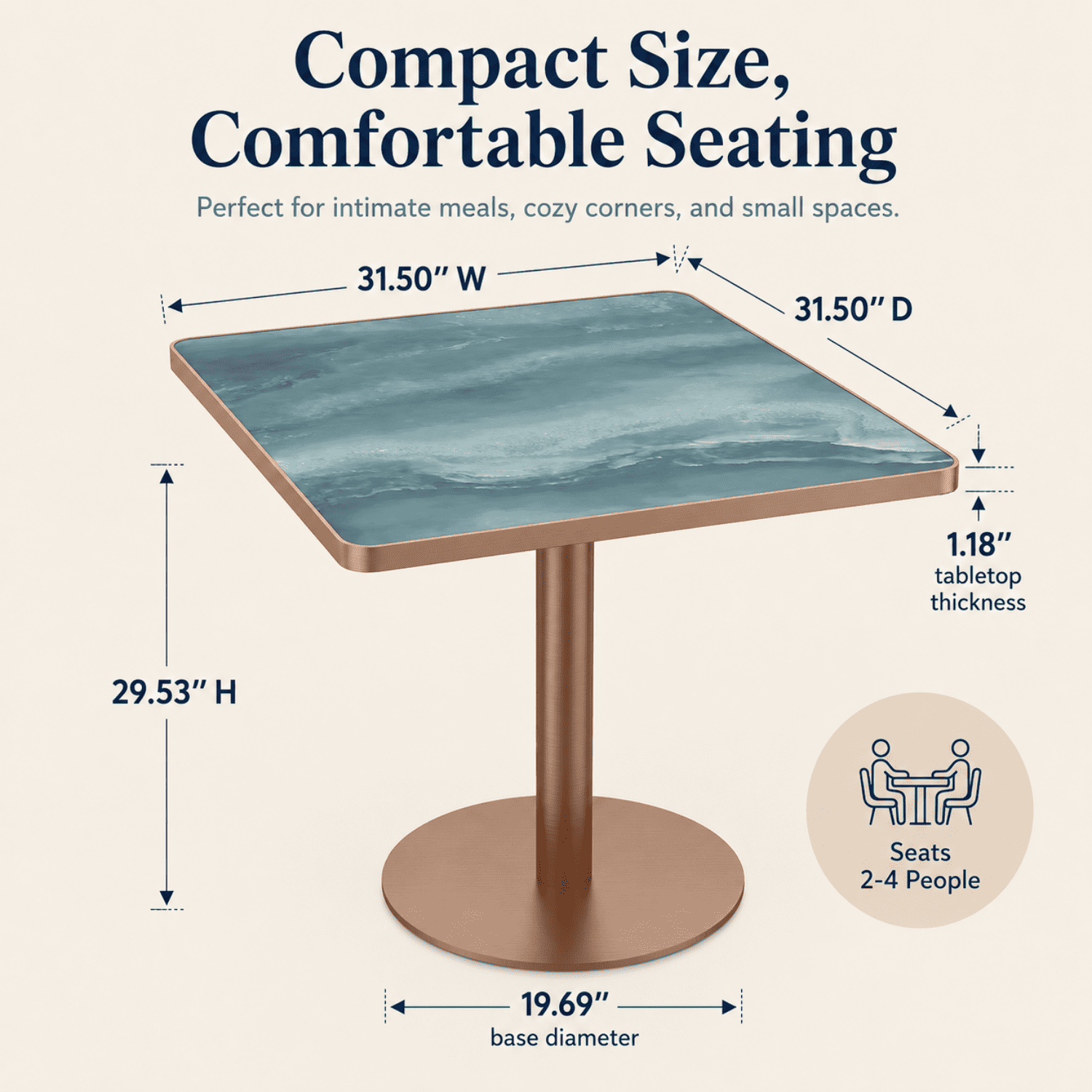 Miniyam 31.5 in Square Dining Table for 2-4, Marble-Look Sintered Stone Top, Stainless Steel Pedestal Base for Small Space, Teal