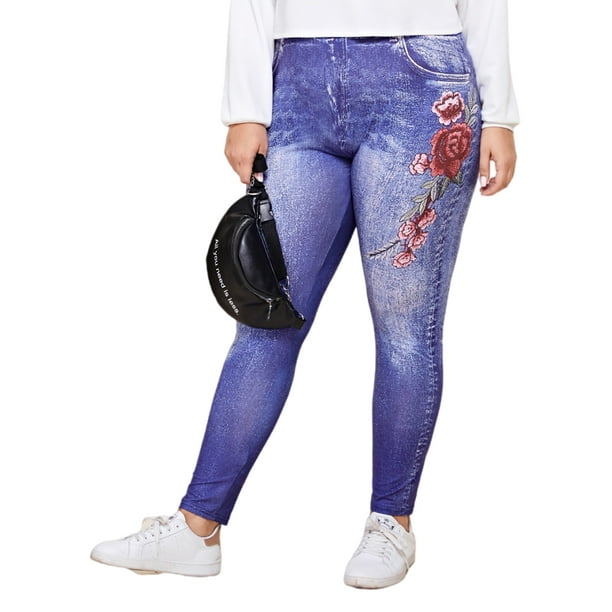 MAWCLOS Ladies Oversized Faux Denim Pant Look Print Fake Jeans Seamless  Plus Size Leggings Tight Workout High Waist Jeggings Style-B 1XL 