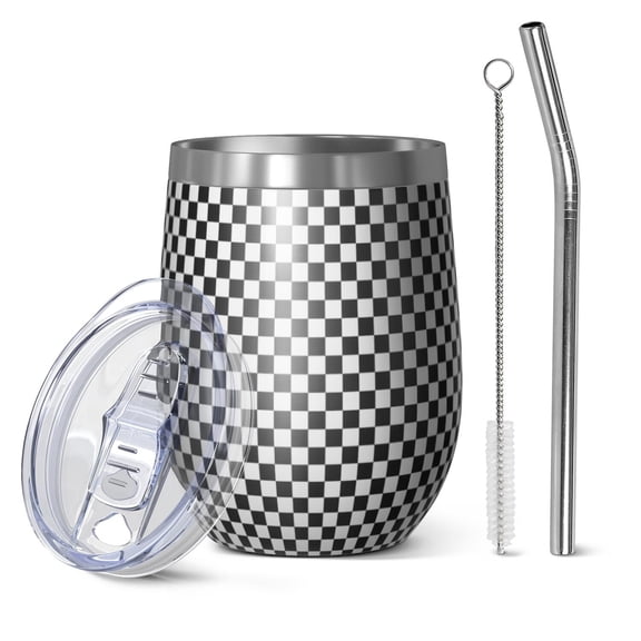 12oz Stemless Wine Tumblers Black White Small Checkered Pattern Vacuum Insulated Stainless Steel Travel Tumbler Cups Mug with Lid and Straw for Champaign,Cocktail,Beer with Cleaning Brush