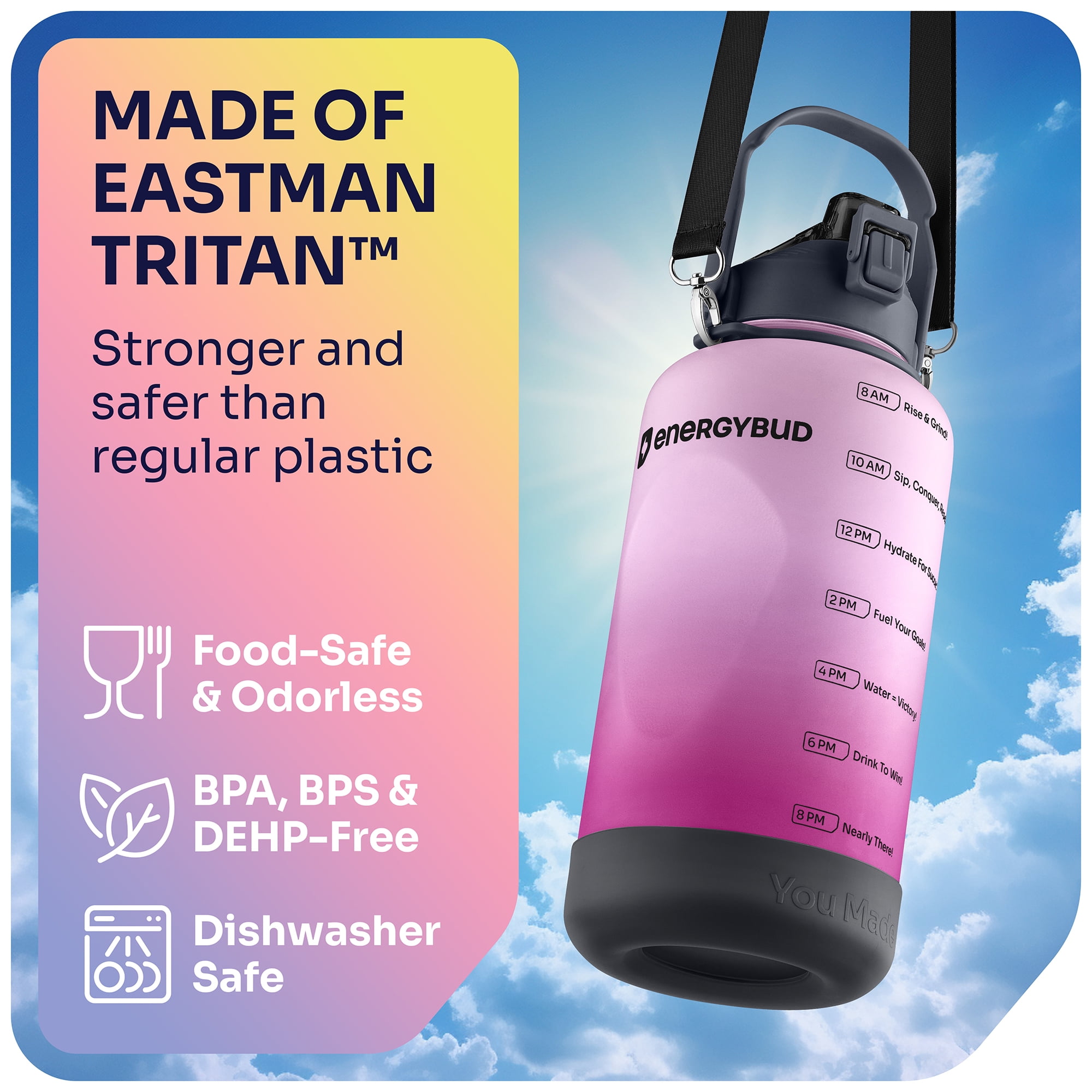 EnergyBud ½ Gallon Water Bottle with Straw and Handle, Large Motivational 74.3 oz BPA-Free Leakproof Water Jug with Strap and Time Marker for Fitness, Gym, Outdoor, and Daily Hydration