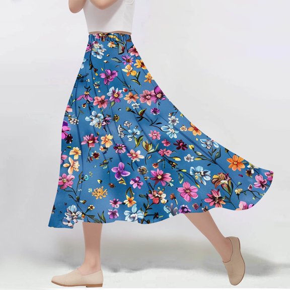 Nmnitkp Skirts for Women Casual Floral Prints Women's Pleated Skirt Chiffon Elastic Waist A-Line Midi Length Skirt Fashionable Trends Maxi Skirt