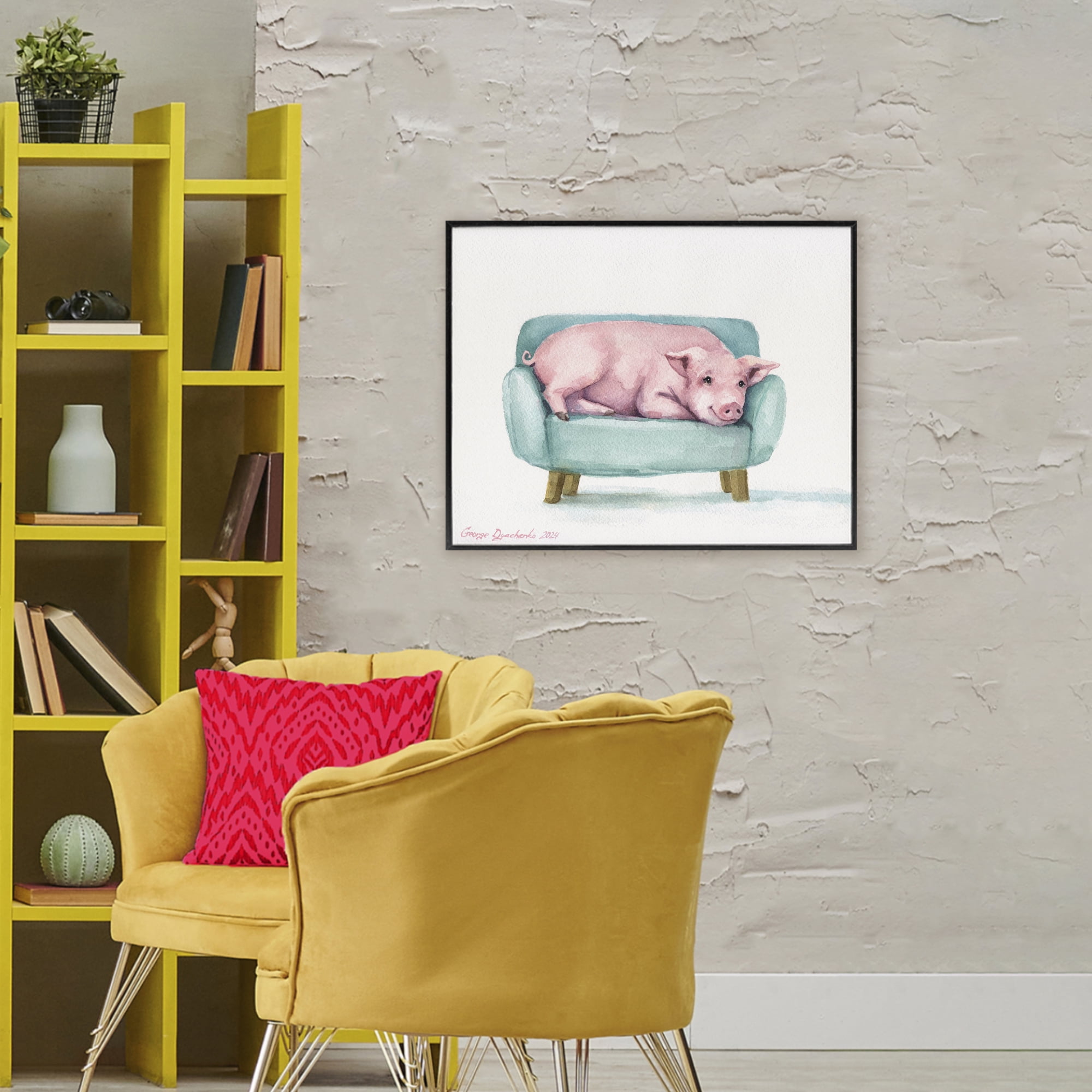 Stupell Industries Cute Piglet on Armchair Black Framed Giclee Art, design by George Dyachenko