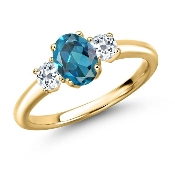 Gem Stone King 18K Yellow Gold Plated Silver London Blue Topaz and White Topaz Engagement Ring for Women | 1.43 Cttw | Oval 7X5MM | Gemstone November Birthstone | Size 5
