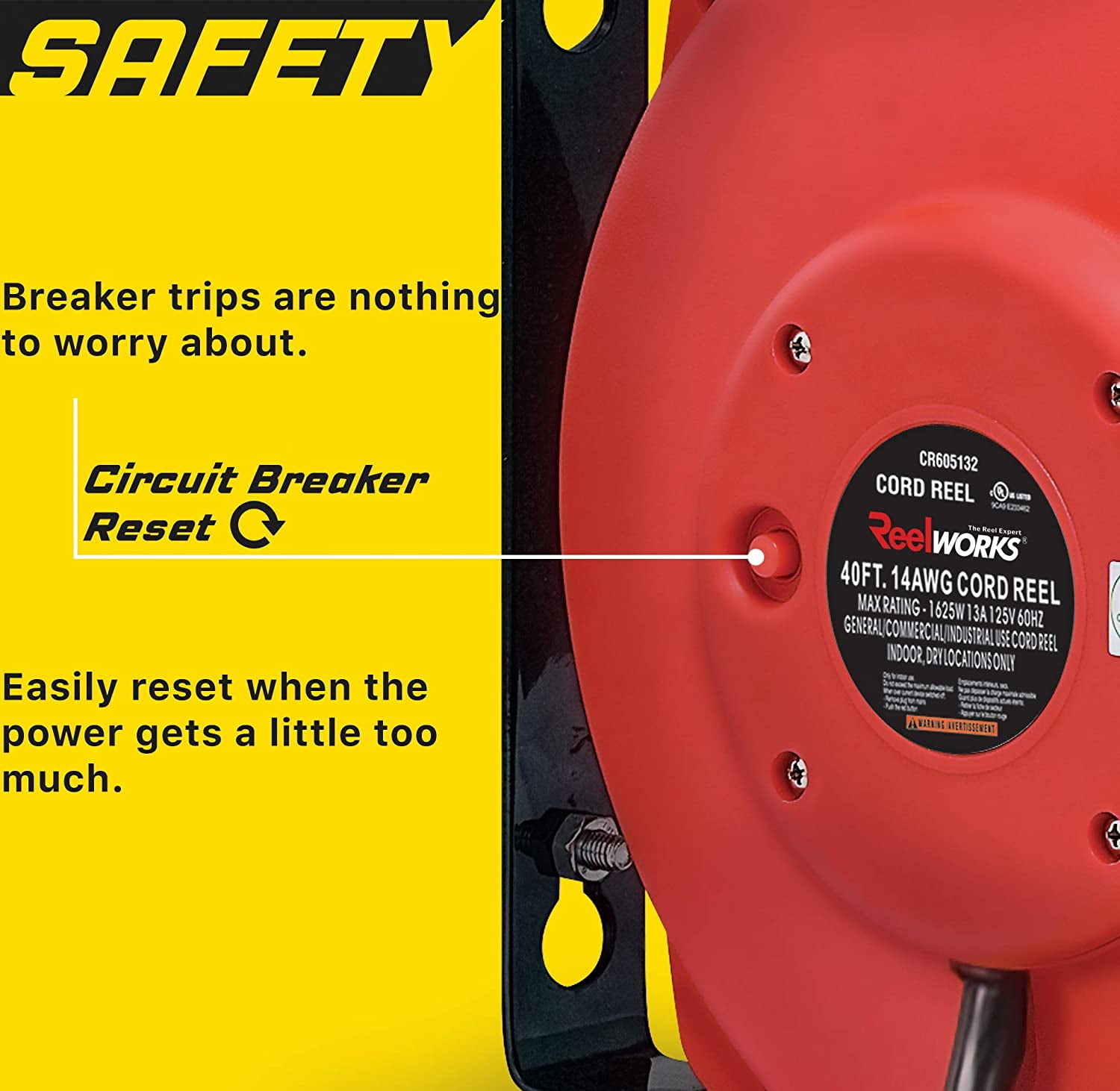 ReelWorks CR605132S3A Heavy Duty Extension Cord Reel, 14AWG/3C SJT, Triple Tap, 40'