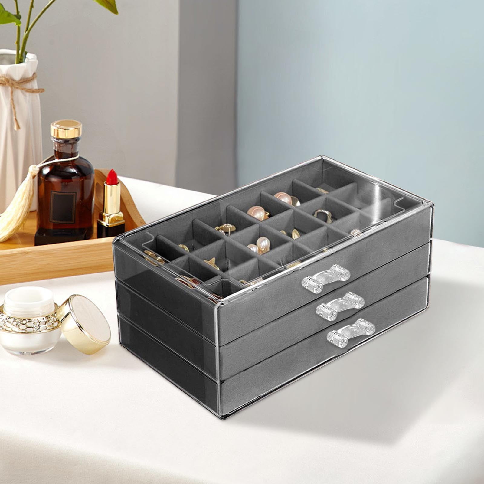 Jewelry Box for Necklaces 3-Layer Flannel Drawer Earring Ring Organizer 20x15x10cm/7.9x5.9x3.9 Inches, Meticulous Classification Elegant Storage