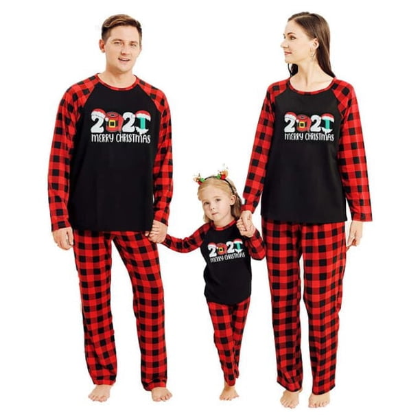 Conjuntos de pijamas familiares a juego Sinhoon 2021, conjuntos navideños con estampado de letras y pantalones largos a cuadros para papá, mamá y niños (Mamá-M)