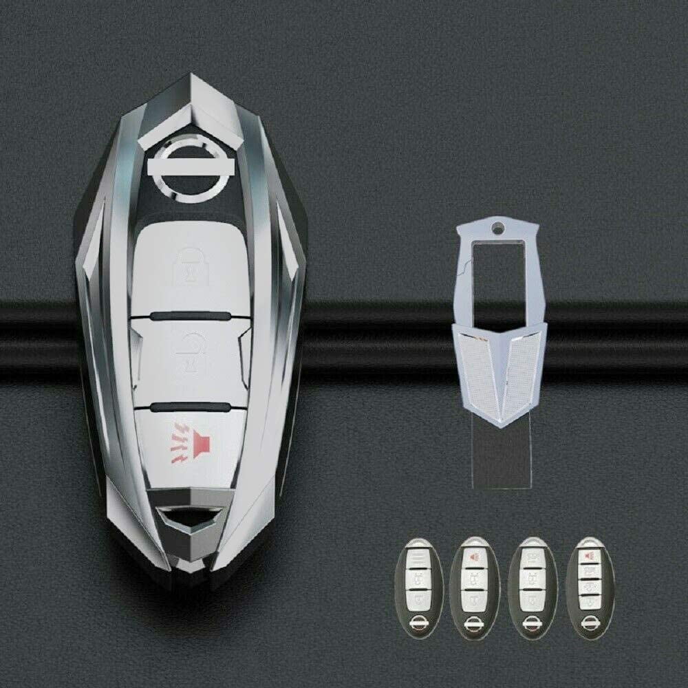 For Nissan key fob cover 3 button, Metal Key Fob Case for Nissan Altima Maxima Murano Rogue Sentra 370z Pathfinder Series Key Holder with Keychain (Grey)