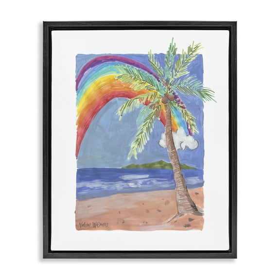 Stupell Industries Coastal Whimsical Rainbow Over Beach Tropical Palm Tree Black Floating Frame Canvas Art, 17 x 21, by Valerie Wieners