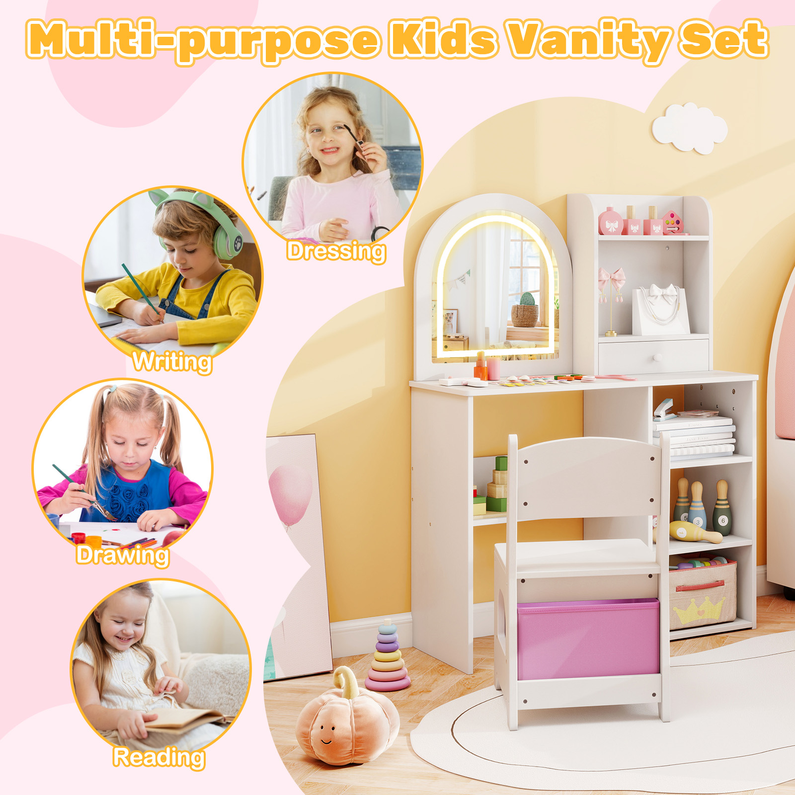 Gymax Kids Vanity Set Princess Girls Makeup Vanity Desk w/ 3-Color LED Lighted Mirror White