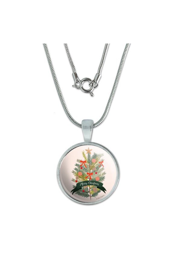 Merry Christmas Decorated Pine Tree 0.75" Pendant with Sterling Silver Plated Chain