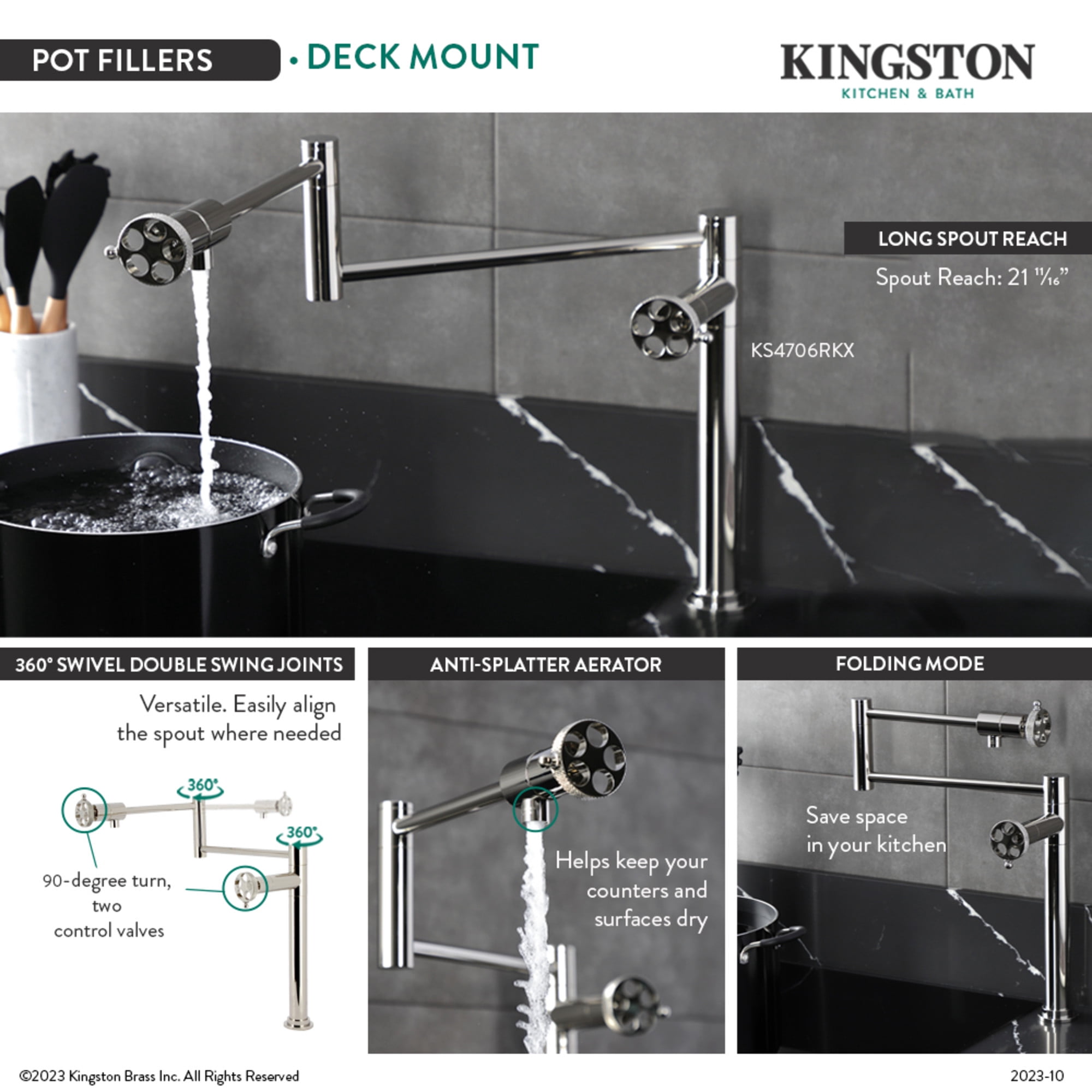 Kingston Brass KS4706RKX Webb Deck Mount Pot Filler Faucet with Knurled Handle, Polished Nickel