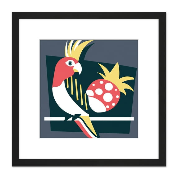 Cockatiel Parrot Bird on Perch Pineapple Fruit Illustration Square Wooden Framed Wall Art Print Picture 8X8 Inch