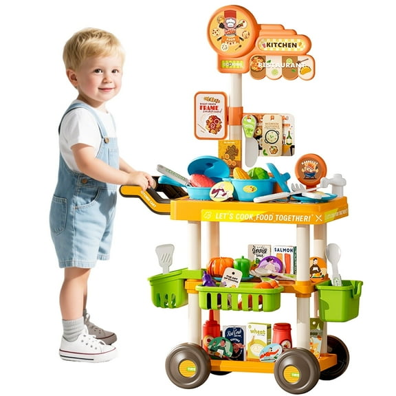 Sytle-Carry Play Kitchen, Kids Kitchen Play Set, Pretend Play Food Cart Toys, Gift Toys for Toddlers Boys Girls 3-6 Years, 69 Pcs