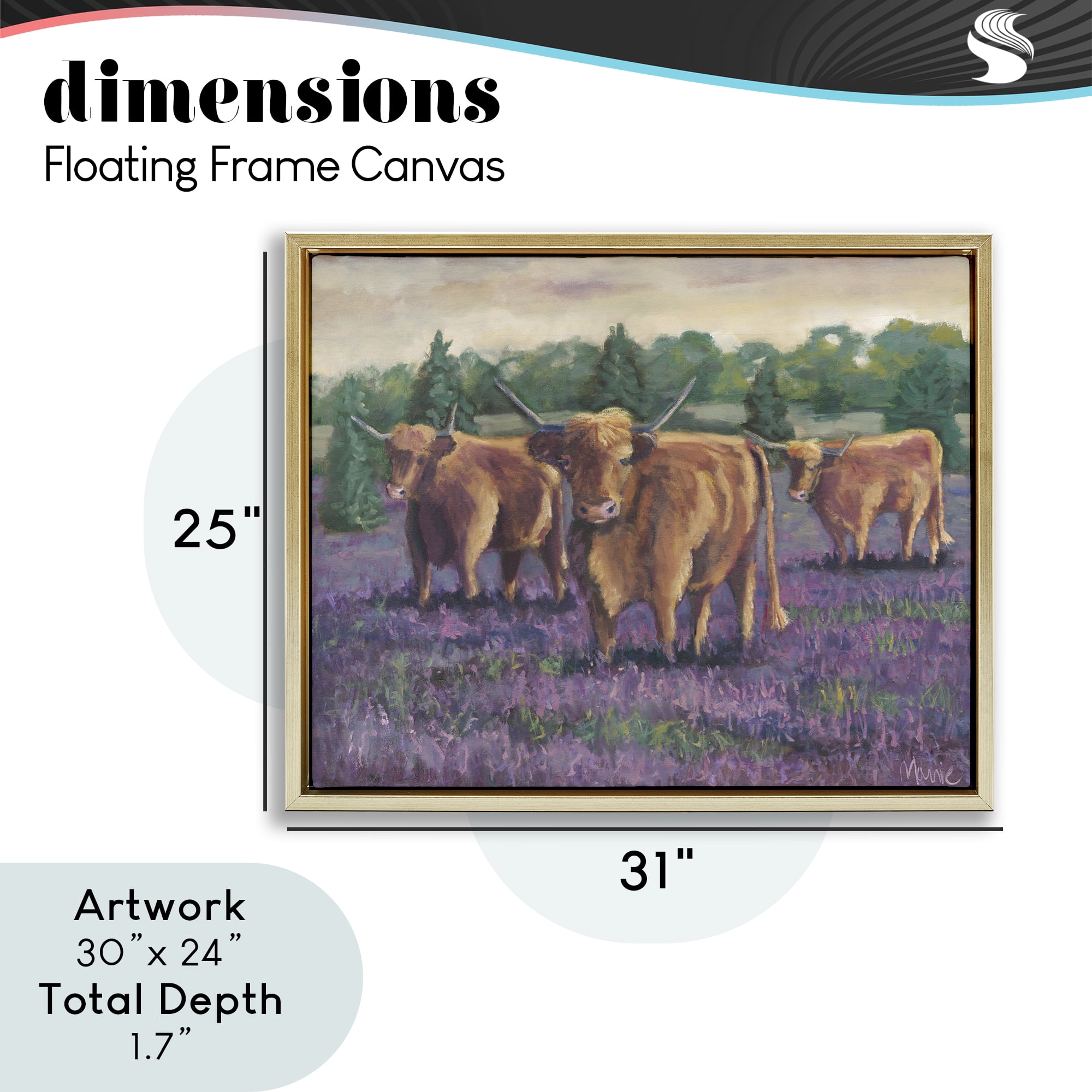 Purple Fields & Cows Gold Framed Floater Canvas Wall Art, design by Marnie Bourque