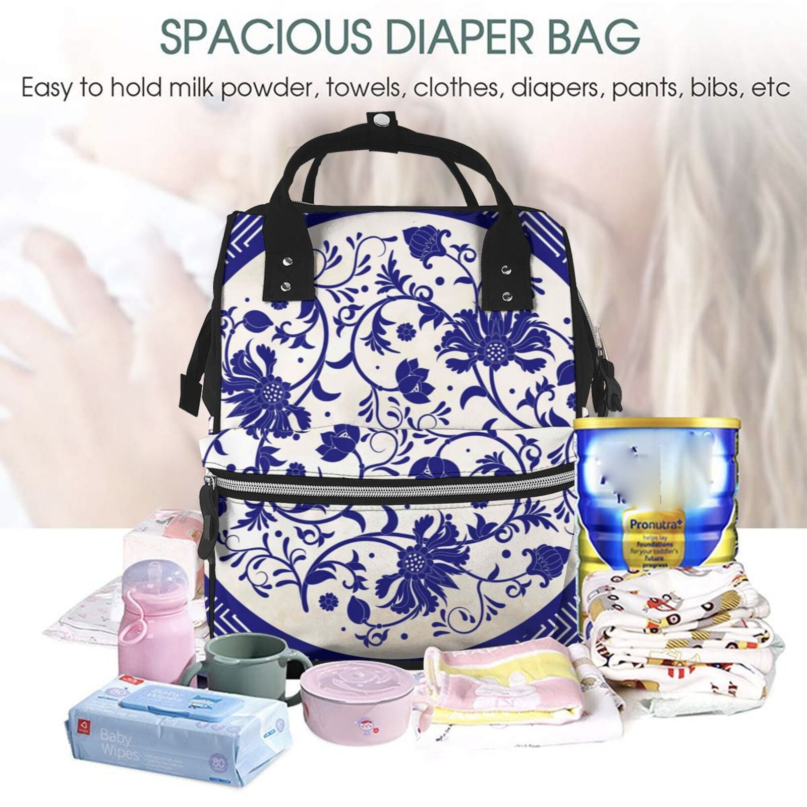 Ratiio Blue And White Porcelain Pattern Mummy Backpack - Waterproof Twill Canvas, Large Capacity Diaper Bag with Multiple Pockets and Adjustable Straps