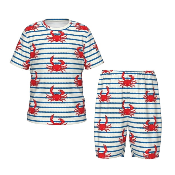 Balery Cute Red Crabs With Nautical Conjunto de Pijama Infantil de Manga Corta con Estampado – Ropa de Dormir de Algodón Suave-X-Large