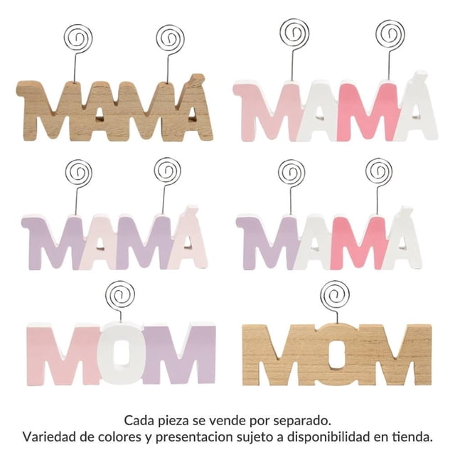 letrero prichos día de la madre mom con sujetador de fotos varios modelos 1 pieza — vista frontal de seis modelos de sujetafotos en forma de MAMÁ o MOM; opciones en madera natural con espiral metálica superior y versiones en rosa y lila con degradados, diseño para sostener fotos o notas, a menudo usado también como recuerdo decorativo en mesas de fiesta.