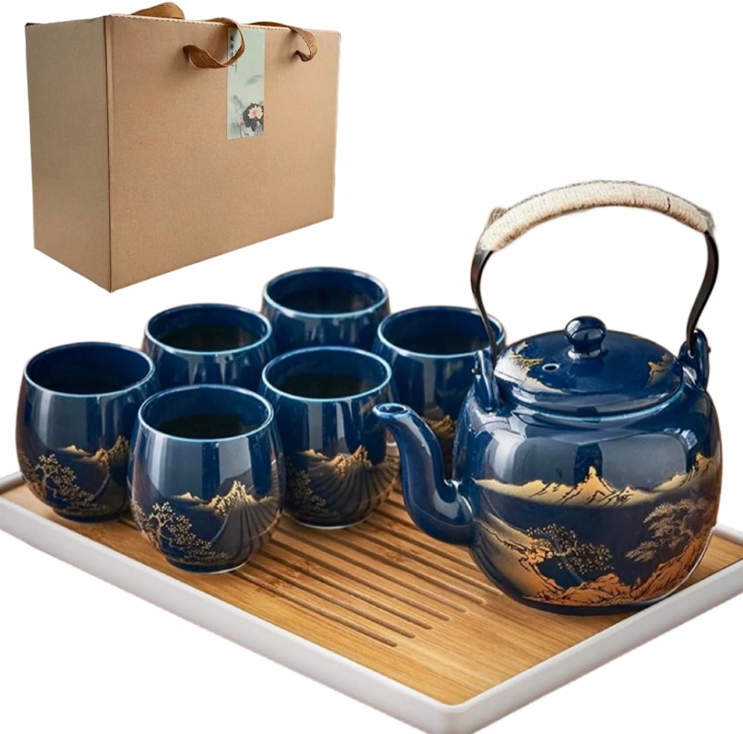 Made In Japan Tombo Dragonfly Blue Glazed Ceramic Tea Pot and Cups