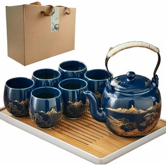Made In Japan Tombo Dragonfly Blue Glazed Ceramic Tea Pot and Cups
