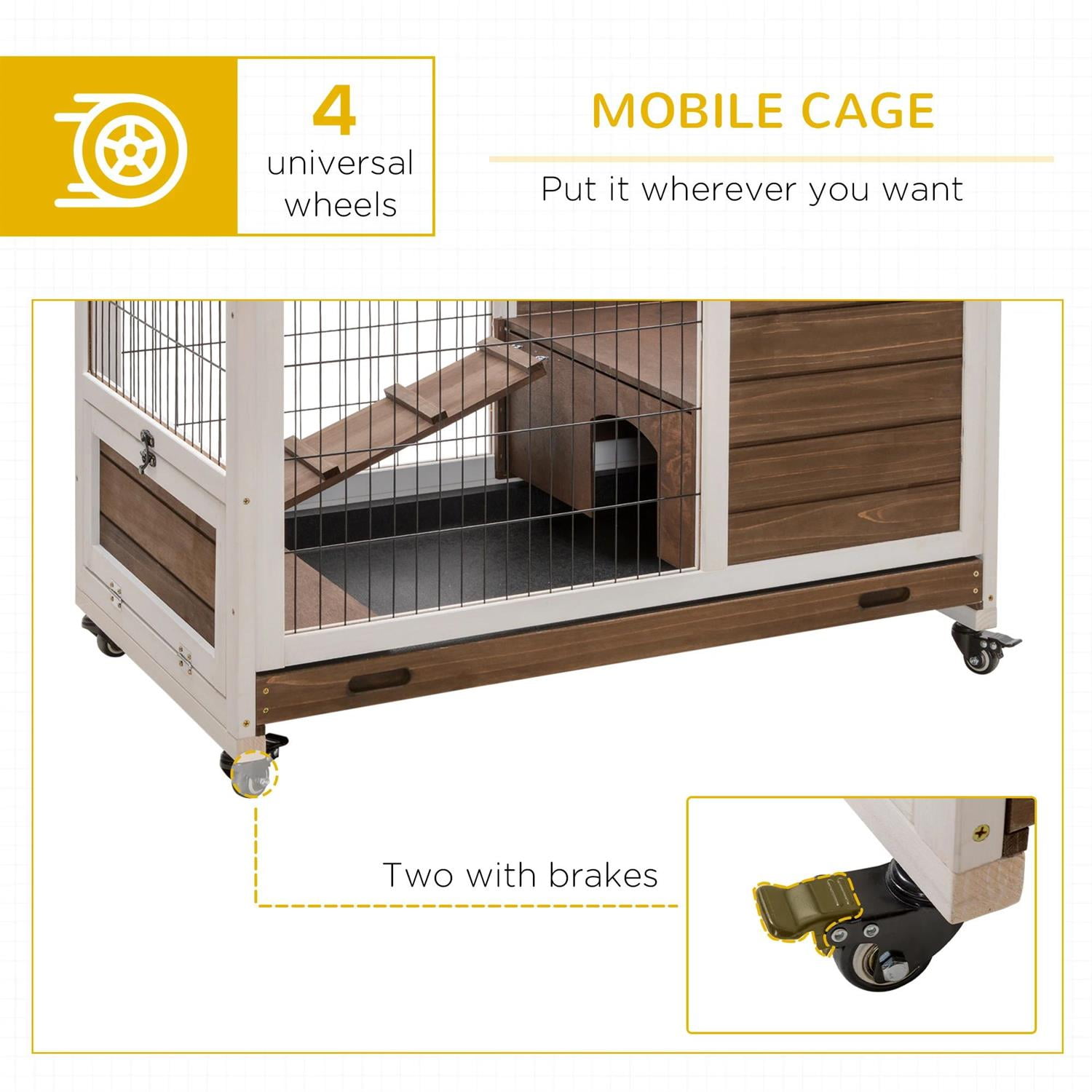 Pefilos 35" Wooden Rabbit Hutch Indoor, Outdoor Bunny Enclosure on Wheels Guinea Pig Cage for Small Animals with Pull Out Trays, Brown