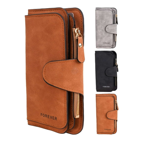 LAVA PU Leather Long Wallet for Women - 16 Card Slots, Zippered Coin Pocket, Brown