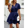 thumbnail image 7 of Womens Sexy Deep V Neck Short Sleeve Tie Waist Ruffle Hem Flowy Swing Mini Short Wrap Dress, 7 of 7