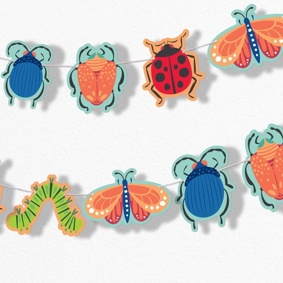 Big Dot of Happiness Bug Garland Banner, Bugs Birthday Party Decorations, Insects Banner Backdrop, 30 Feet of Cord, 15 Double-Sided Colorful Beetles, Caterpillars, Butterflies, Ladybugs