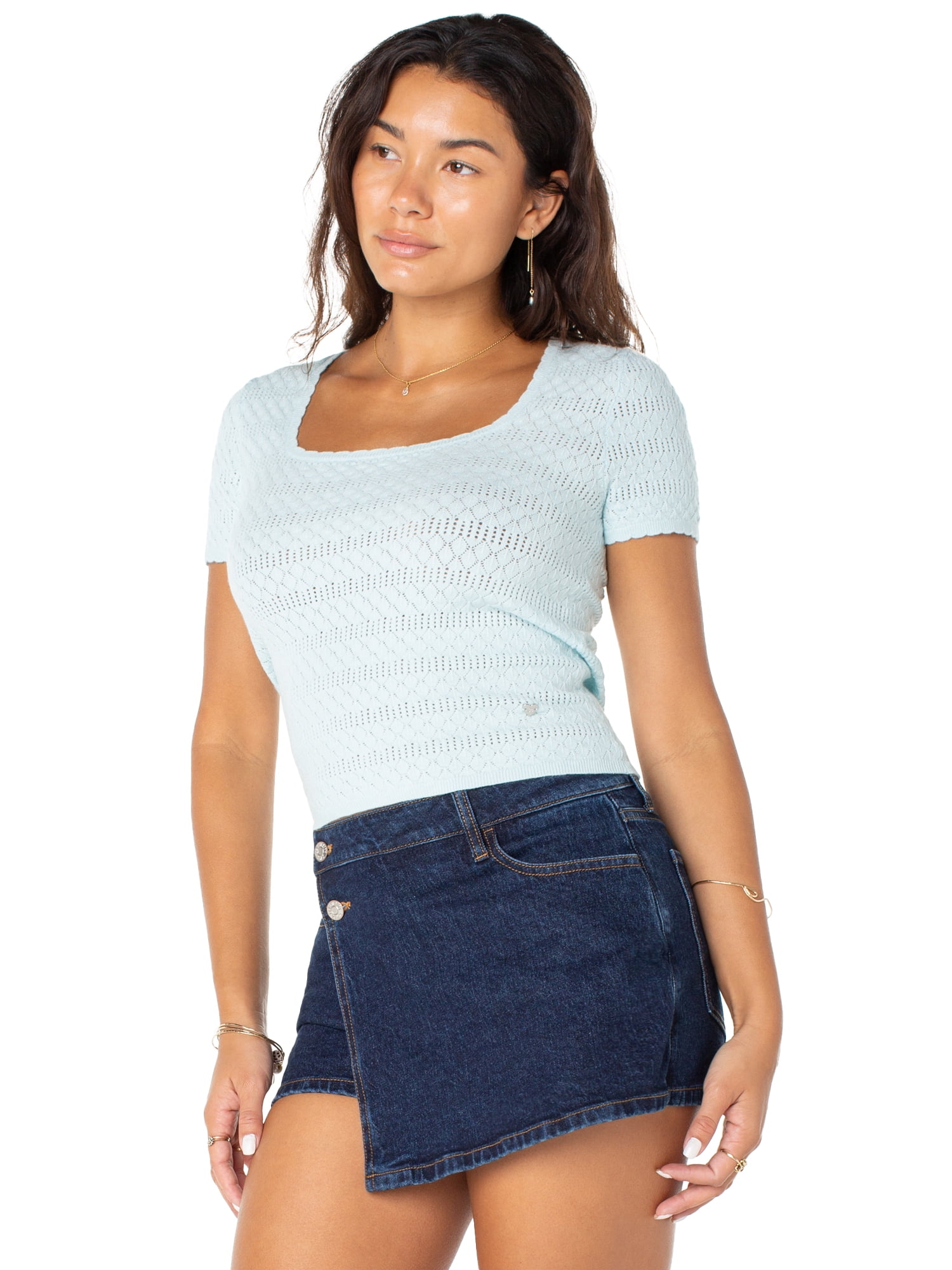Celebrity Pink Women's and Women's Plus Short Sleeve Pointelle Top, Sizes XS-XXXL