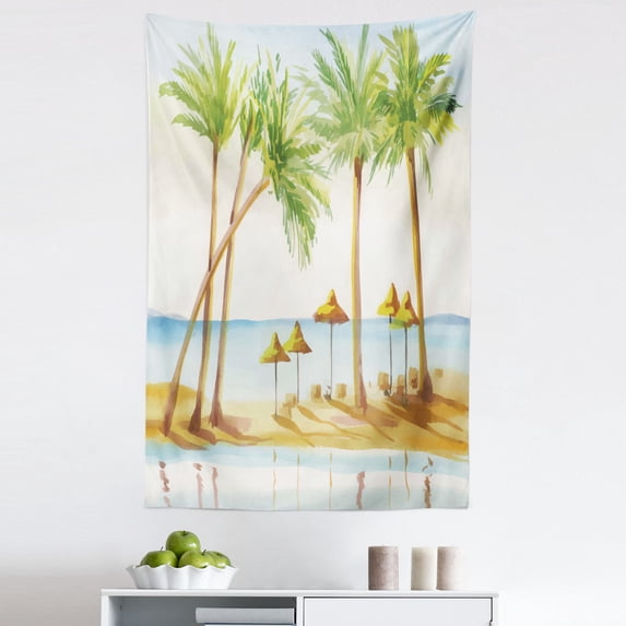 Tropical Tapestry, Tropical Island Sandy Beach with Palm Trees Paradise Coast Relaxation, Fabric Wall Hanging Decor for Bedroom Living Room Dorm, 5 Sizes, Pale Brown Fern Green, by Ambesonne