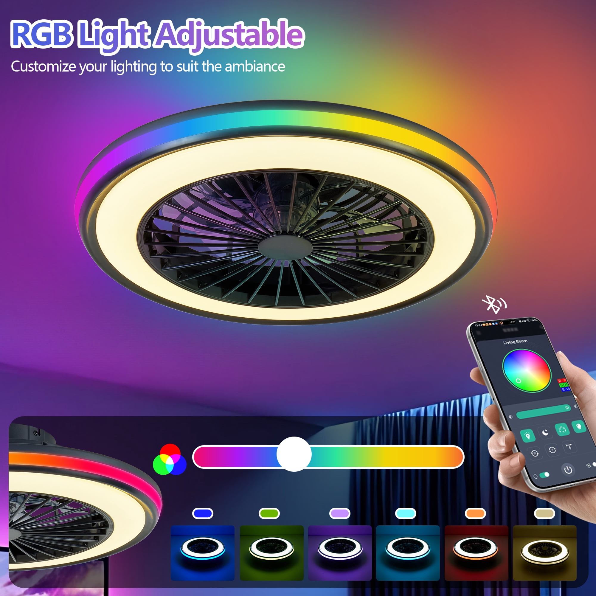 Miniyam 20" LED RGB Ceiling Fan Lights and Remote Control, 6 Speed, Dimmable Fandelier for Bedroom, 3000/4500/6000K, Black