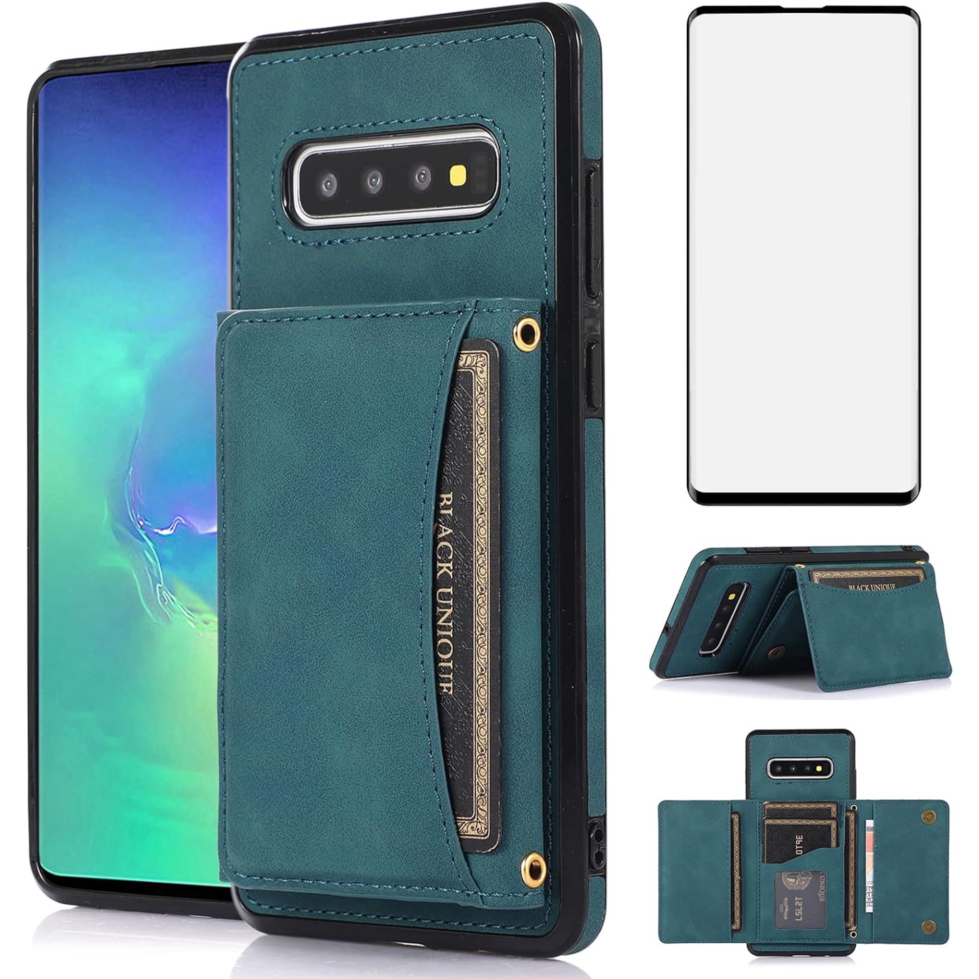 REQO Phone Case for Samsung Galaxy S10 Plus Wallet Cover with Glass Screen Protector and Card Holder Stand Cell Accessories Glaxay S10+ Galaxies S10plus 10S Edge S 10 10plus Cases Women Men Blue