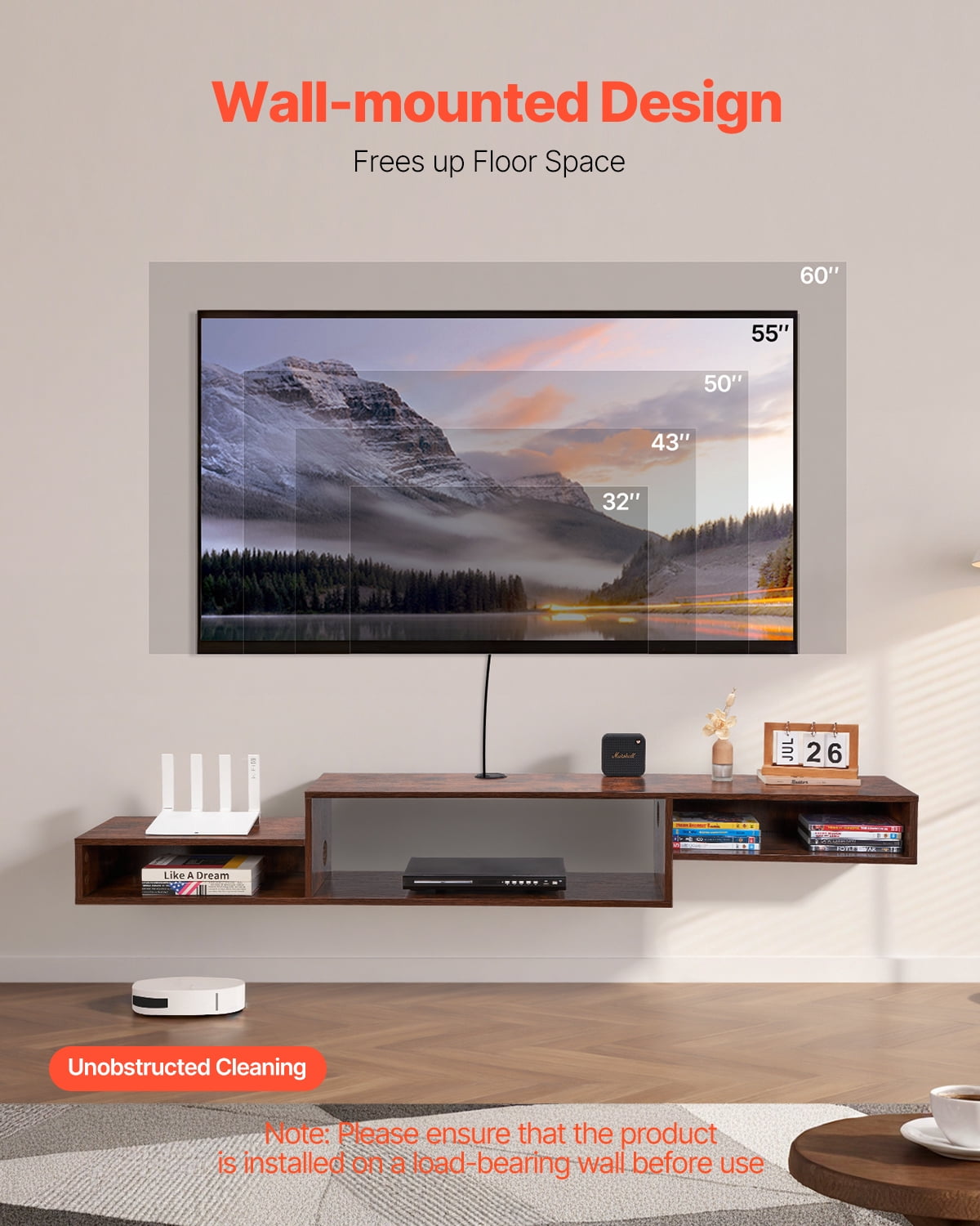 VEVOR Floating TV Stand, 70" Wall Mount Entertainment Center with Power Outlet & Cable Hole, Modern Floating TV Shelf with Storage Cabinet for DVD Player, Cable Box, Game Console,TV Accessory,Wood