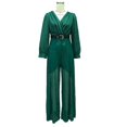 thumbnail image 2 of Women Sequin Splicing Wide Legs Jumpsuit Loose V-Neck Fold Elegant Evening Party Dark green XL YIWEI, 2 of 11