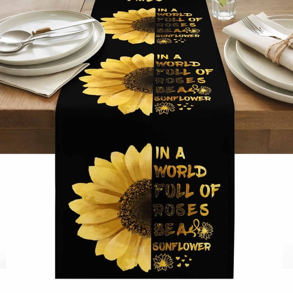 Yellow Sunflowers Table Runner - 70 Inch Long, Kitchen Dining Table Runner Dresser Scarves, Floral Rustic Abstract Black Farmhouse Decor for Coffee Tables Wedding Party Banquet