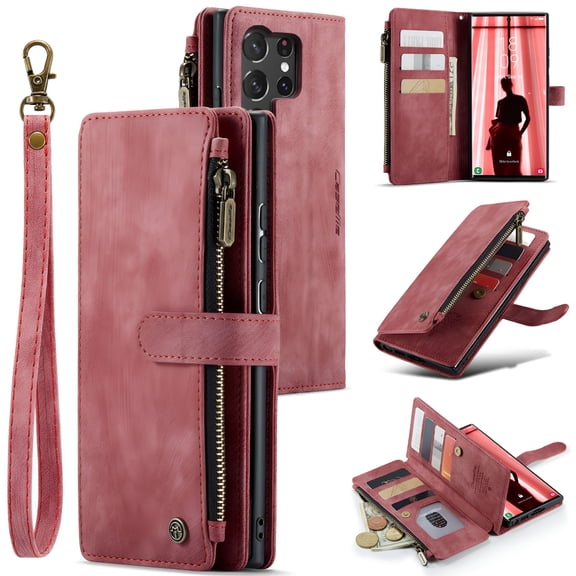 GJX 2026 New Galaxy S23 Ultra Case Wallet,Galaxy S23 Ultra Case,Pu Leather Magnetic Flip Wristlet Zipper Card Holder Business Cover S23 Ultra 5G(6.8"),Red