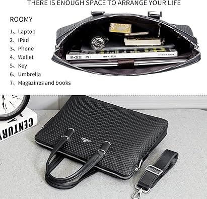 FSD.WG Leather Briefcase - 14-inch Laptop Bag, Adjustable Shoulder Strap, Multi-Functional Business Bag