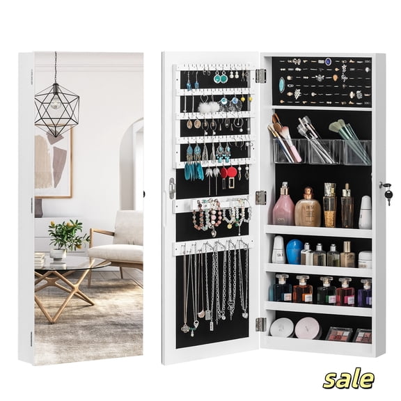 Hassch Mirror Jewelry Cabinet, Wall/Door Mounted Jewelry Armoire, Full Body Mirror with Storage, Lockable Jewelry Organizer for Home, White