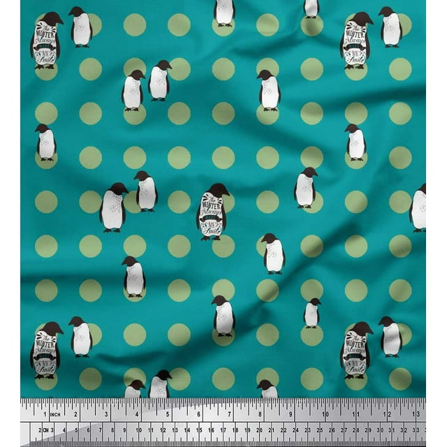 Soimoi Rayon Crepe Fabric Dot & Penguin Ocean Printed Fabric 1 Yard 46 Inch Wide