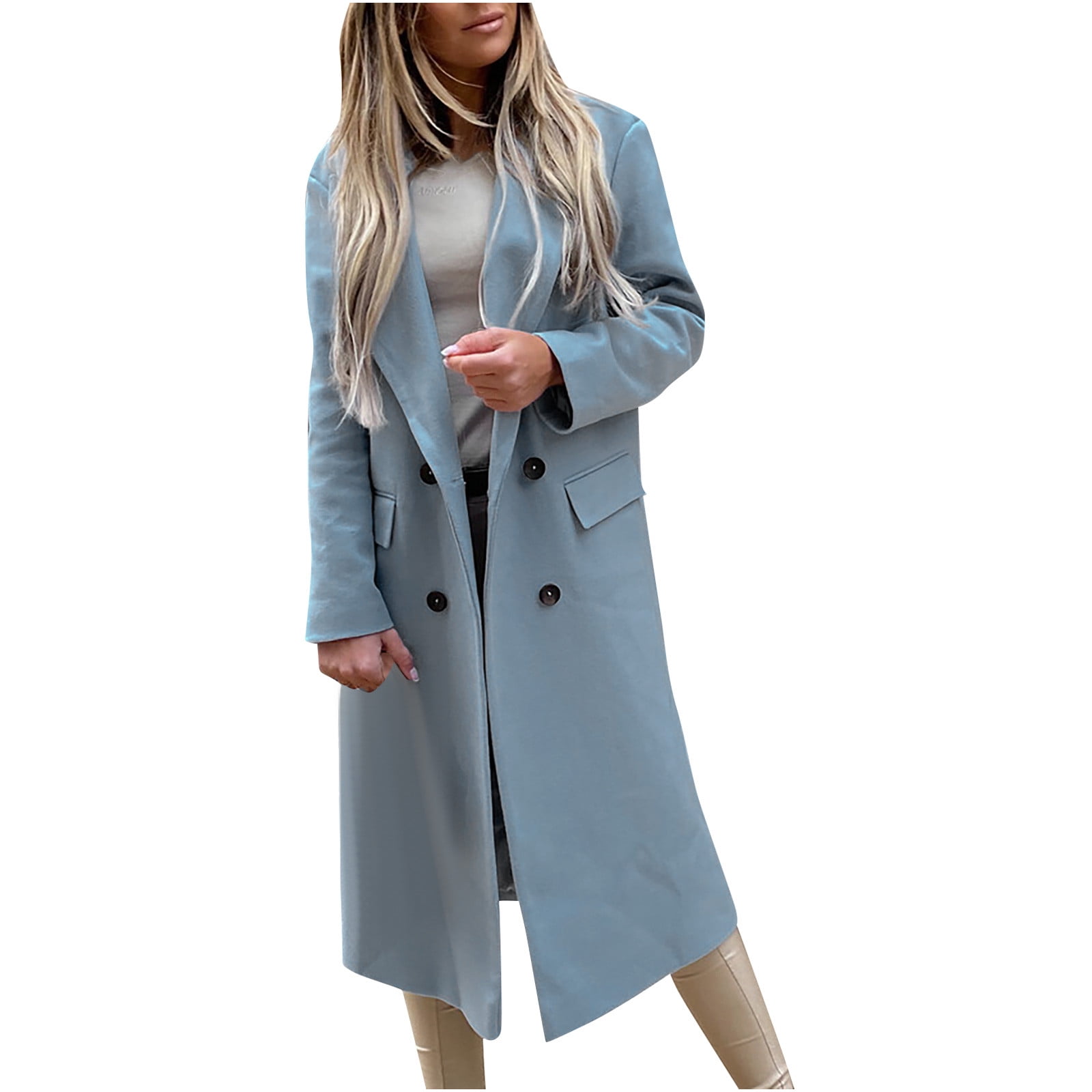 Long Wool Coat for Women Lapel Solid Color Open Front Cardigan Double ...