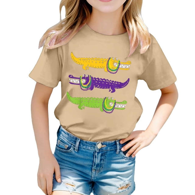 T-shirts Filles Été Décontracté Imprimé Alligators Col Rond Manches Courtes Hauts Filles Kaki 3-4 Ans