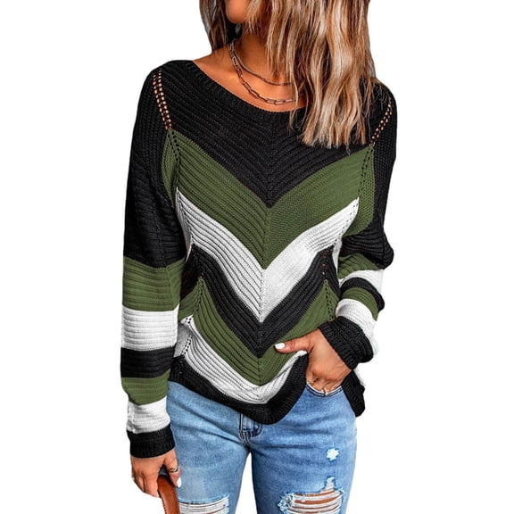 Alsol Lamesa Womens Sweaters V Neck Color Block Striped Print Sweater Casual Long Sleeve Patchwork Knit Pullover Sweater