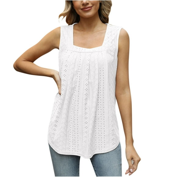 VEKDONE Tank Tops for Women Summer Hollow Out Pleated Flowy Tanks Sleeveless Square Neck Loose Pullover Vests Solid Color Lightweight Lounge Tees Shirts White Small