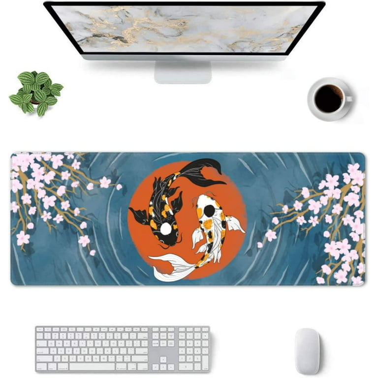Black Red Japanese Gaming Mouse Pad XL Koi Fish Art Gold Texture Anime  Extended Big Large Desk Mat Non-Slip Rubber Base Stitched Edge Long  Keyboard