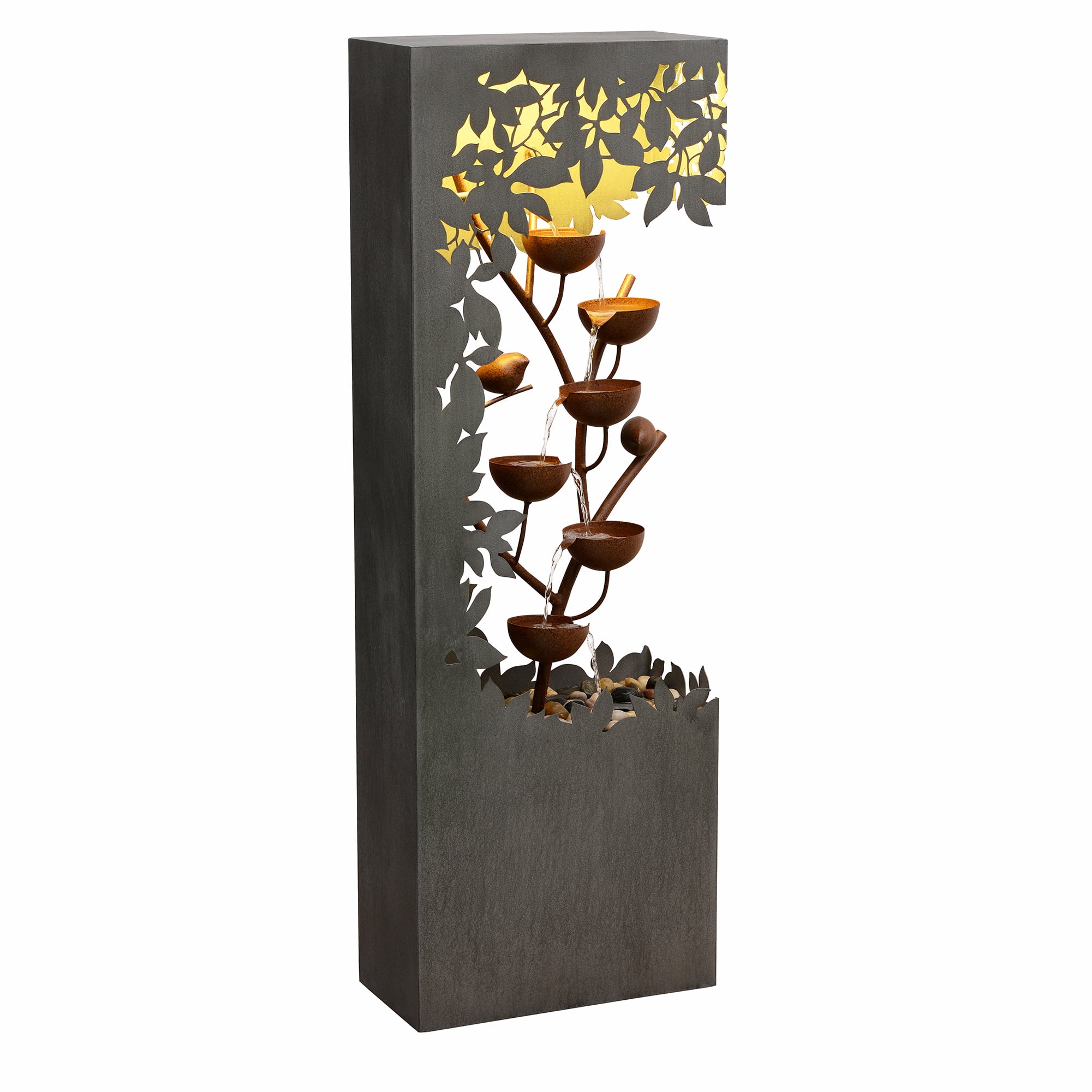 Gray Metal Flower Bowl Outdoor Fountain with Warm White LED Lighting - Outdoor