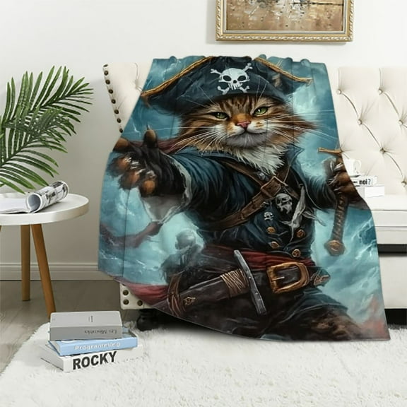 BCIIG Cartoon Pirate Cat Kids Throw Blanket,Sword Sailboat Nautical Ocean Adventure Bed Blanket for Boys Girls,Cute Animals Pets Rustic Fleece Blanket,Livid Fuzzy Blanket, 40x50in