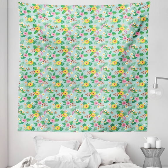 Jungle Tapestry, Tropical Pattern with Hibiscus Frangipani Heliconia and Bird of Paradise Flowers, Fabric Wall Hanging Decor for Bedroom Living Room Dorm, 5 Sizes, Multicolor, by Ambesonne