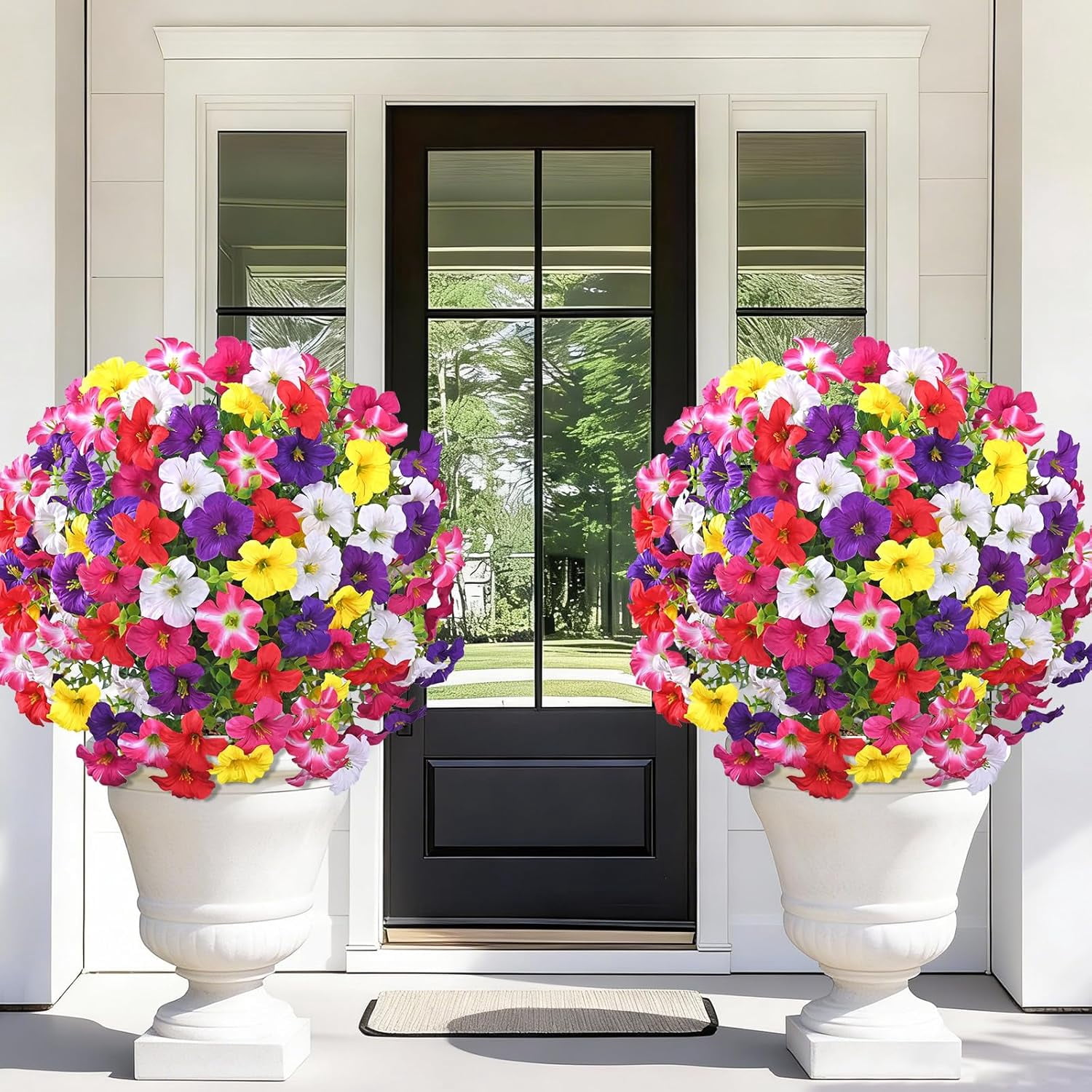 Yastouay 2 Packs Artificial Flowers Topiary Balls with Ground Spikes,23 Inch Colorful UV Resistant Faux Boxwood with Petunias Flowers for Outdoor Garden Decor