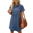 thumbnail image 6 of luvamia Women's Casual Short Sleeve Button Down Tiered Denim Babydoll Short Dress Sizes S-2XL, 6 of 7