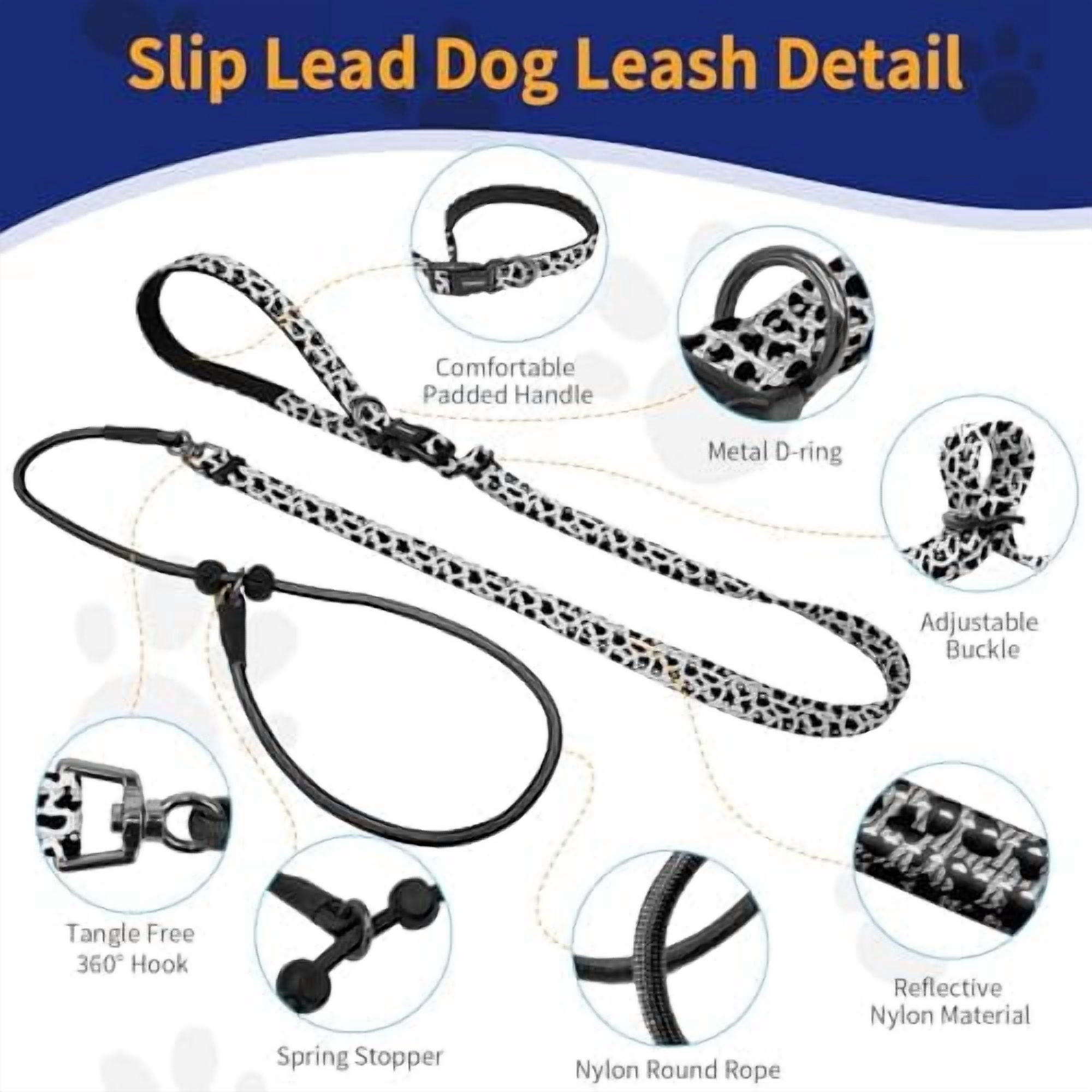 Slip Lead Dog Leash, Hands-Free No Pull Training Leash with Padded Handle for Medium Large Heavy Duty Dogs, Cow